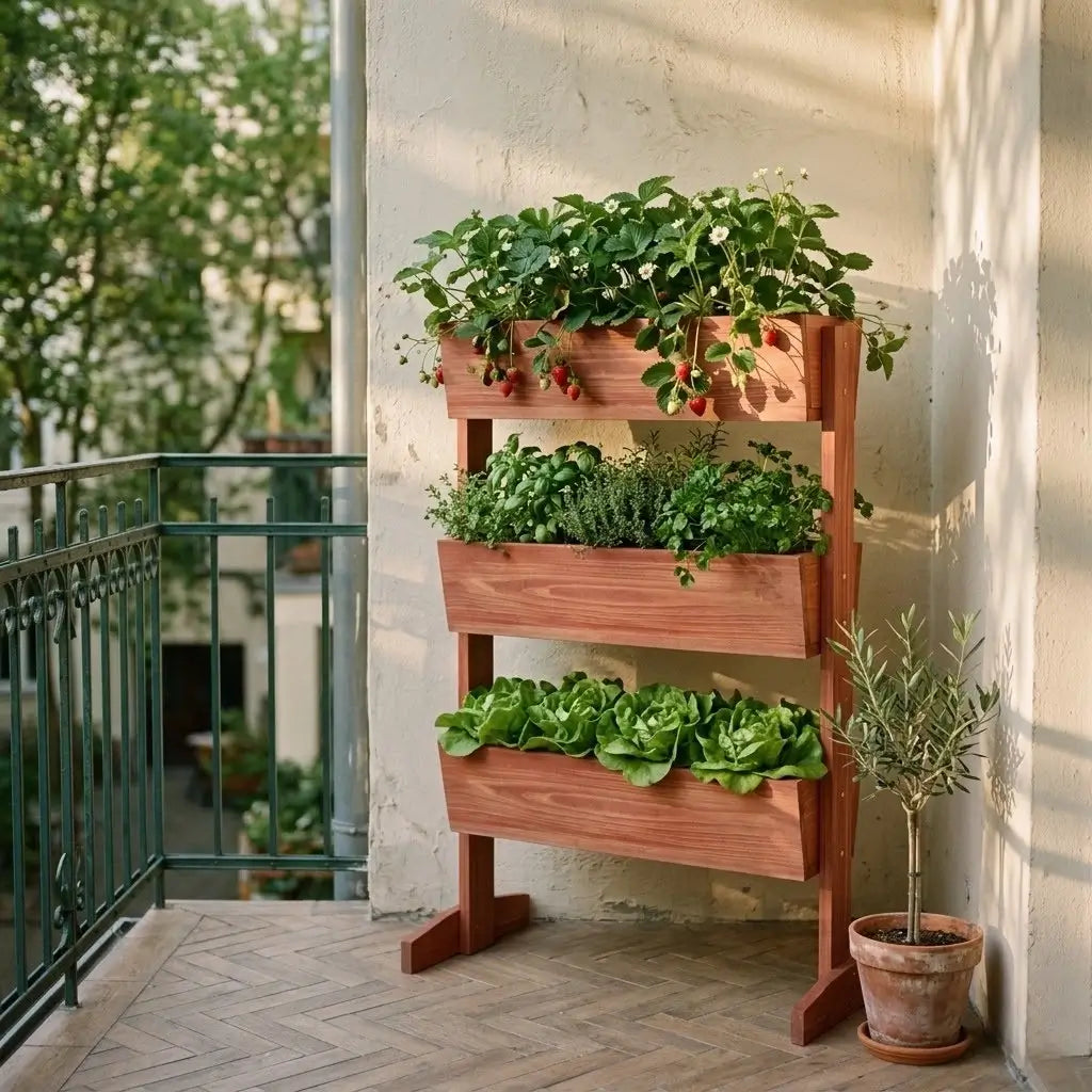 Dreistöckiges Holz-Hochbeet mit Erdbeeren, Kräutern und Salat auf elegantem Stadtbalkon neben Olivenbaum